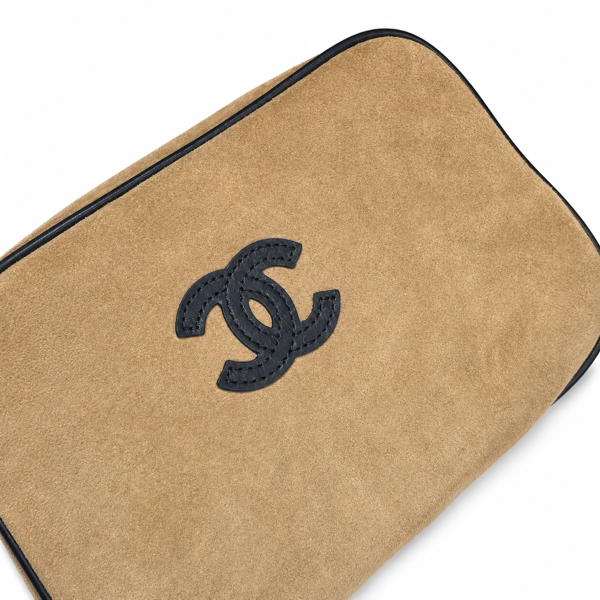 Chanel Camel Suede Barrel Bag | Black CC Appliqué & Black Leather Trim