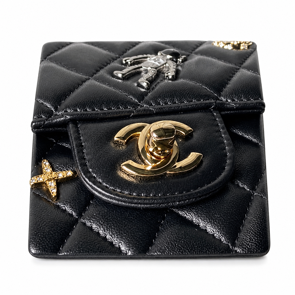 Chanel Black Lambskin Classic Double Flap 25 Lucky Charms Limited Edition Gold Hardware Eiffel Tower Airplane Dog Camellia CC