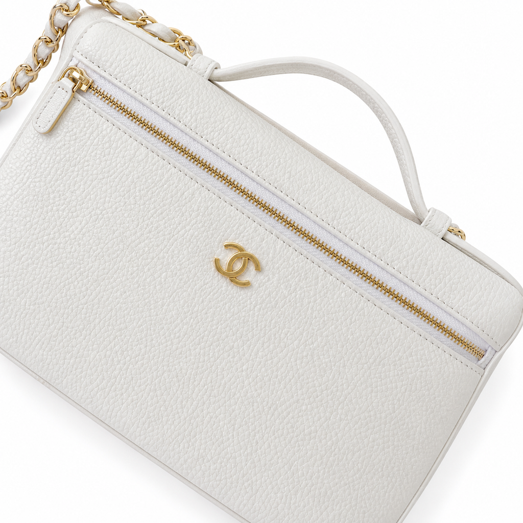 Chanel White Caviar Leather Vanity Case Crossbody Bag | Gold CC | Top Handle | 15×23×5cm