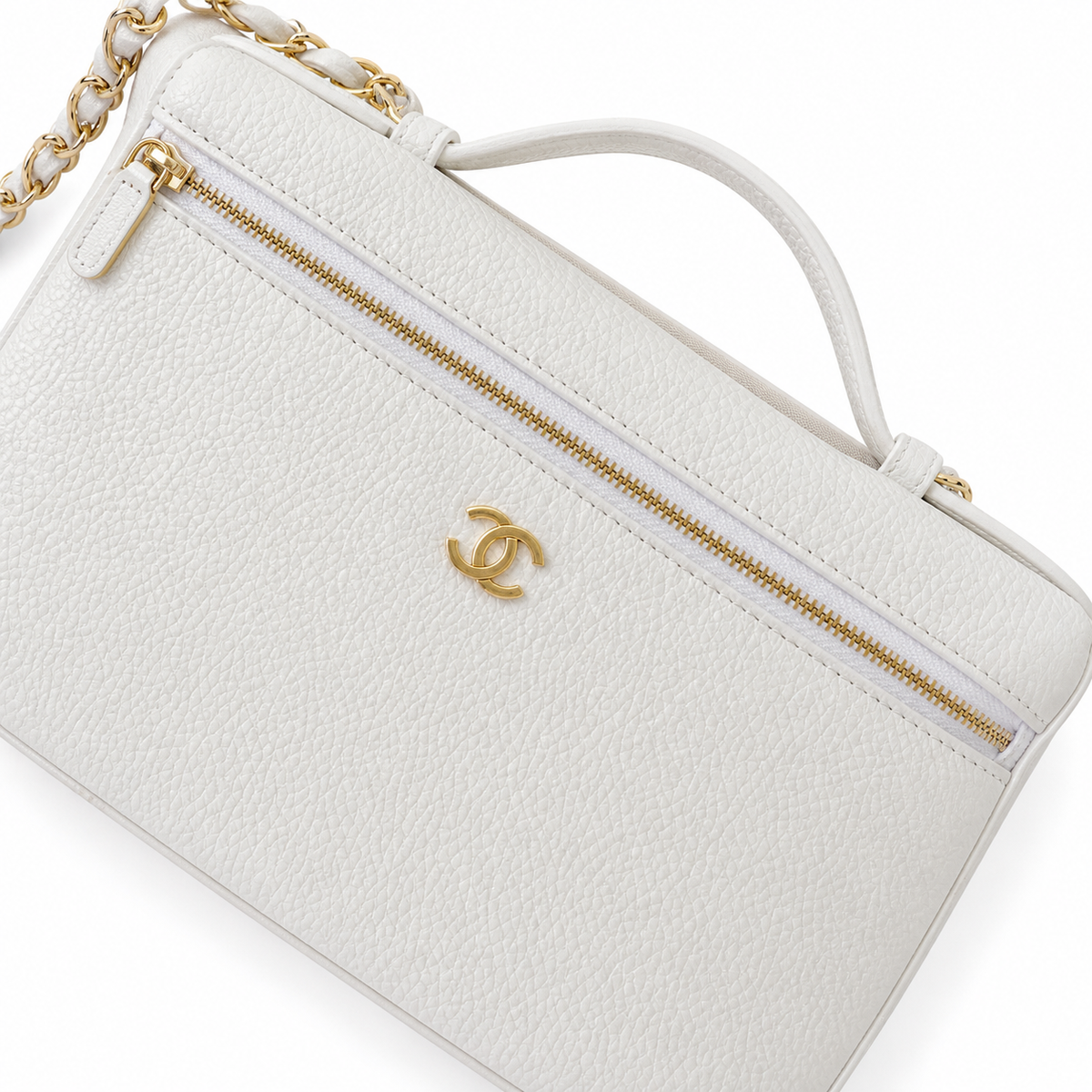 Chanel White Caviar Leather Vanity Case Crossbody Bag | Gold CC | Top Handle | 15×23×5cm