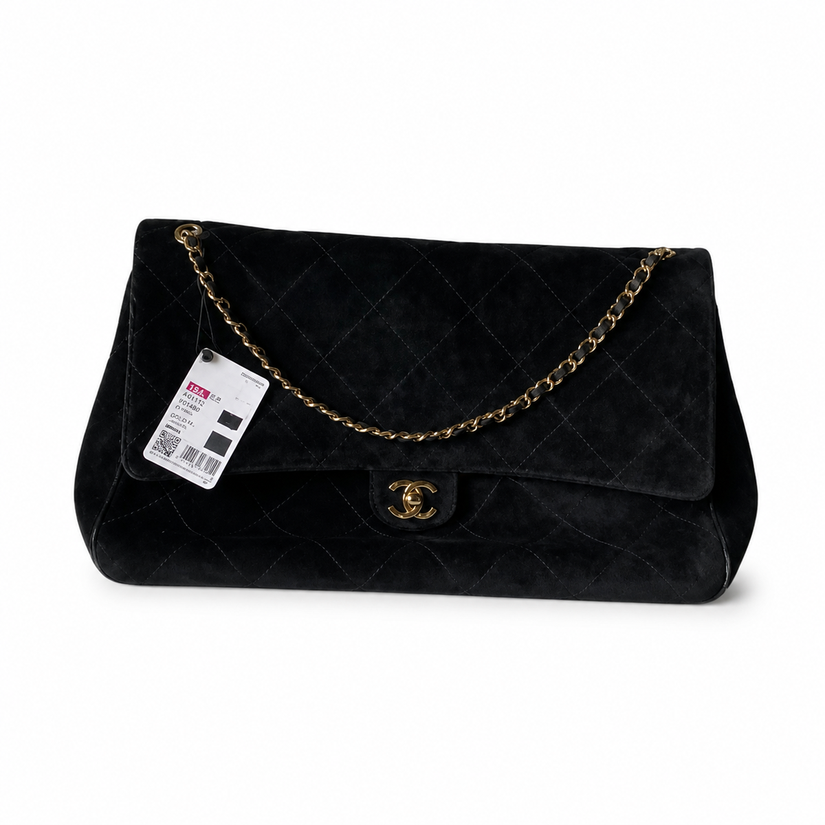 Chanel Black Suede Quilted Jumbo Classic Flap Shoulder Bag | Gold CC Turn-Lock | Gold Chain | 39cm