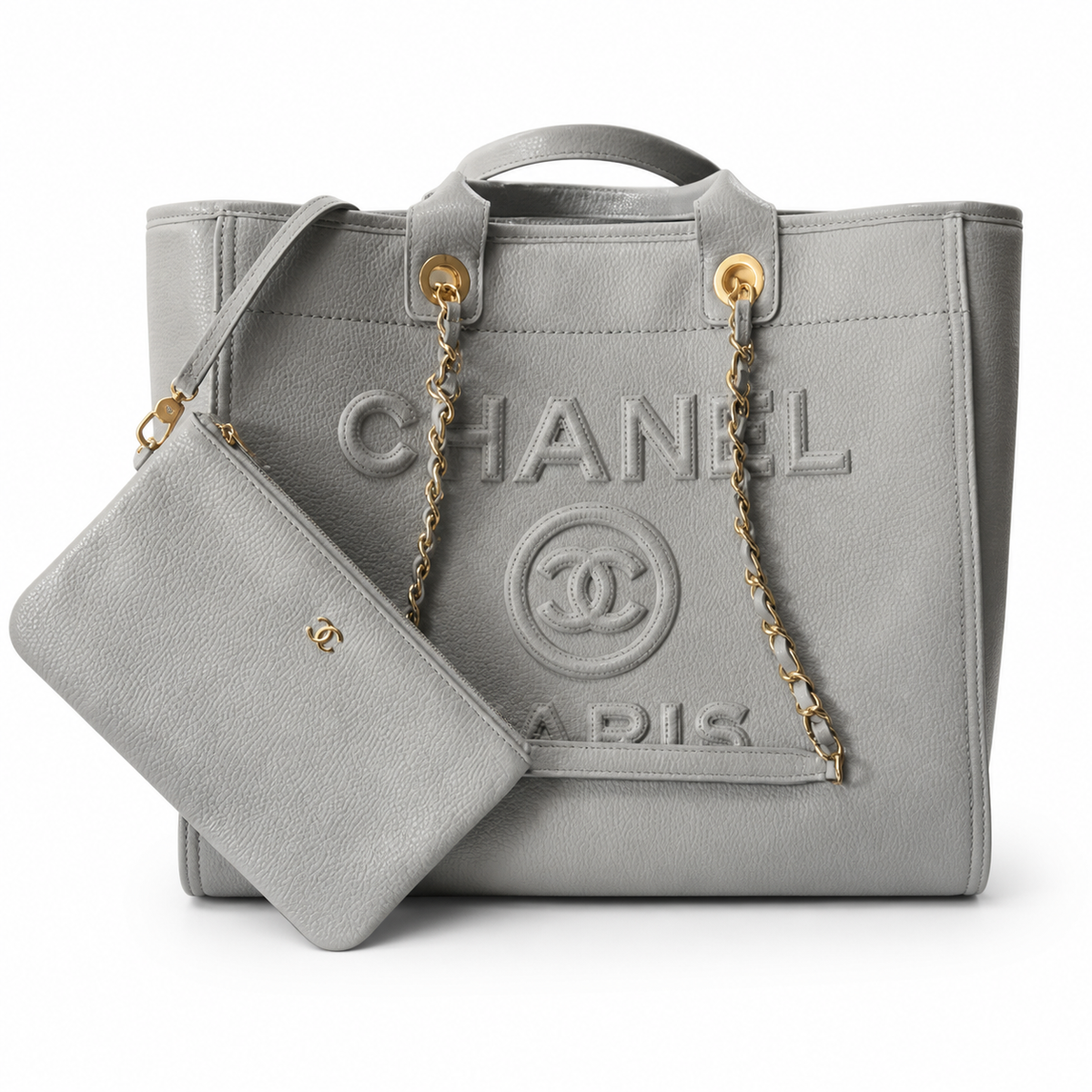 CHANEL Deauville Shopping Tote – Light Grey Caviar Leather Gold Hardware with Detachable CC Pouch 30×50×21cm