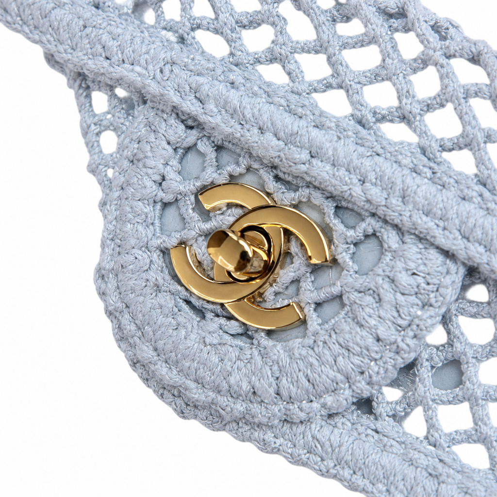 CHANEL Ice Blue Woven Mesh Flap Bag Pearl Trim Gold Chain