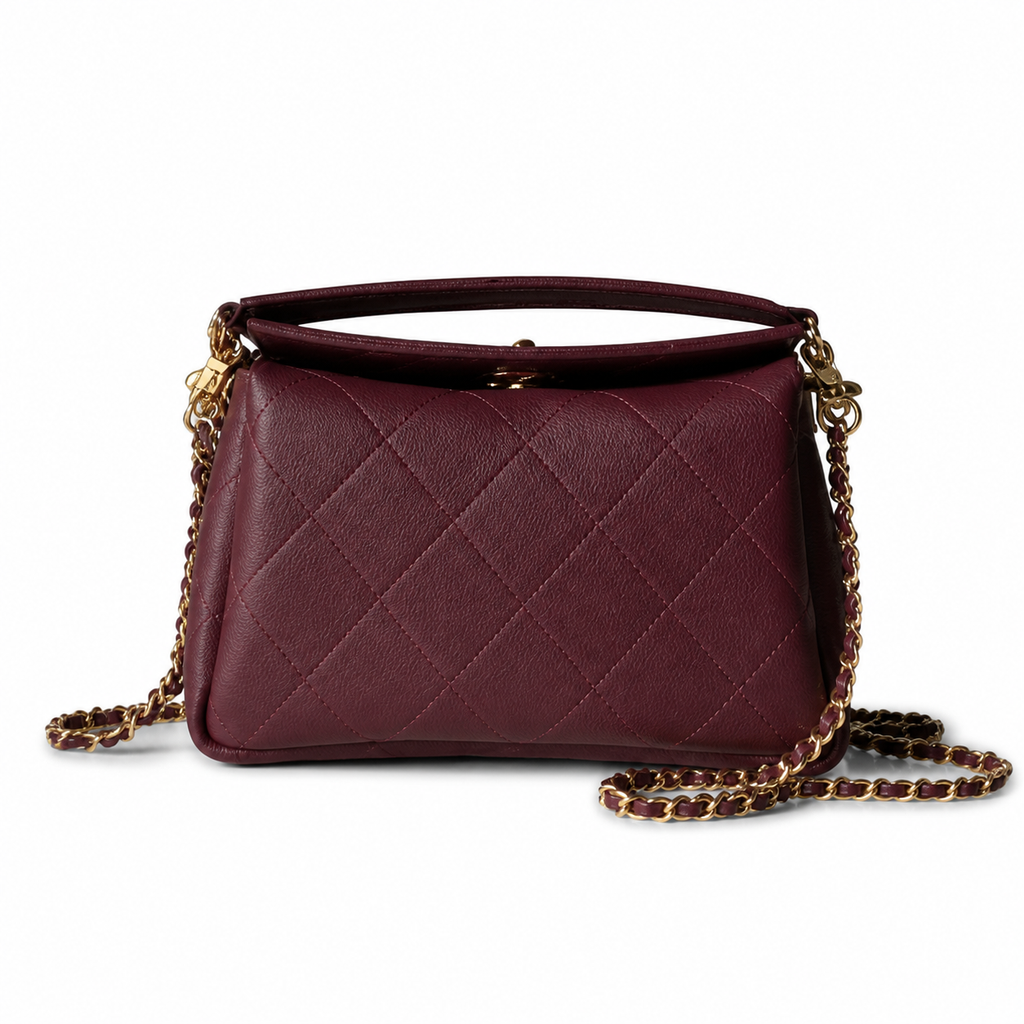 Chanel Mini Box Bag | Burgundy Quilted Lambskin Gold Chain Top Handle | 23cm