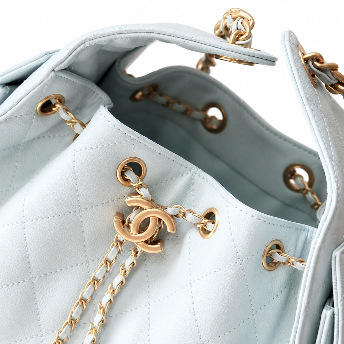 Chanel Quilted Leather Drawstring Backpack Light Blue Gold Hardware