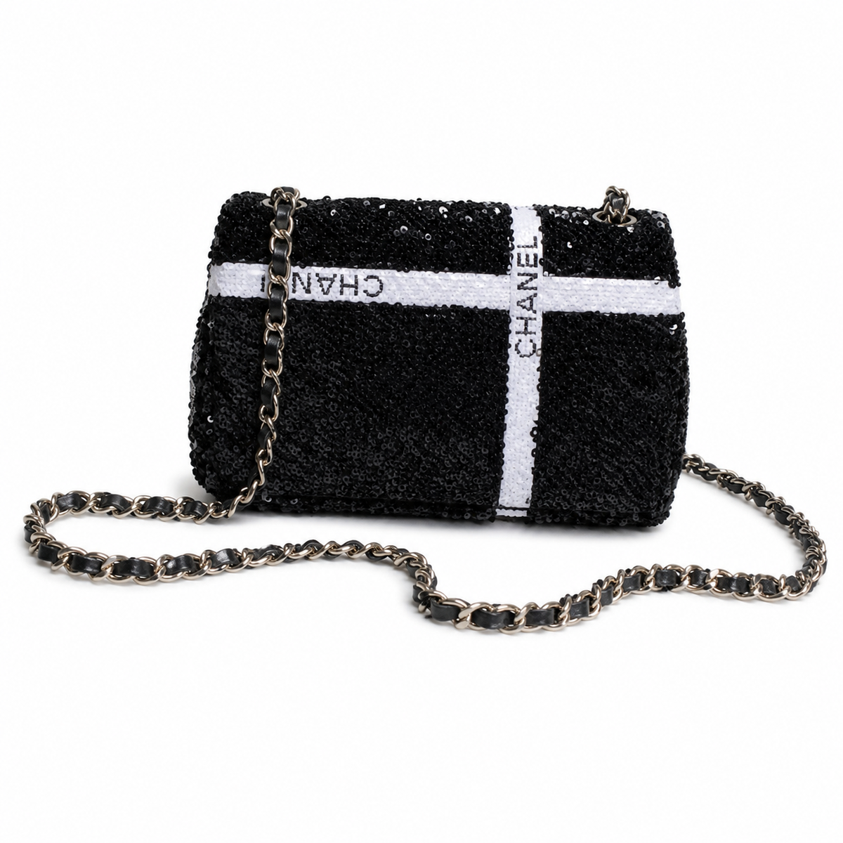 Chanel Black Sequin White Bow Embroidered Flap Bag Silver Chain