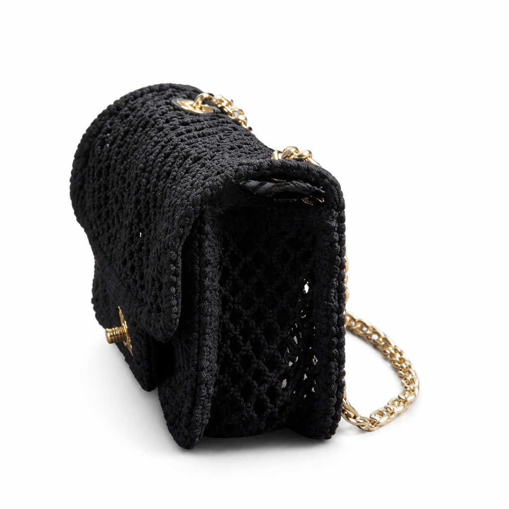 CHANEL Black Open Mesh Crochet Flap Bag Gold Chain Made in Italy