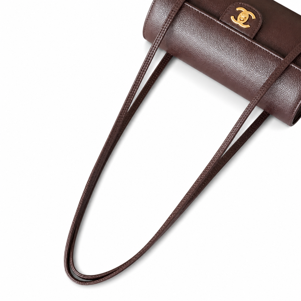 Chanel Vintage Cylinder Barrel Shoulder Bag Dark Brown Leather Gold CC Turn-Lock Slim Strap 22cm