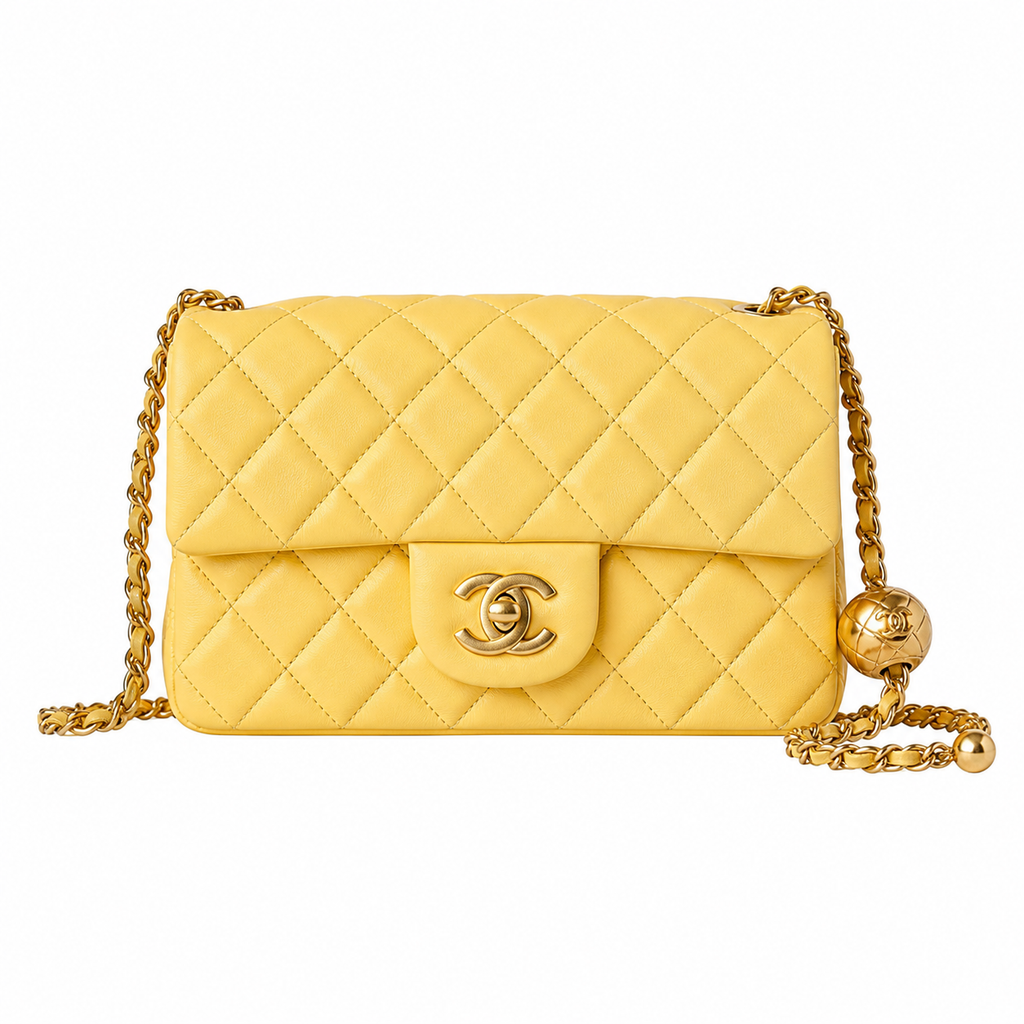 Chanel Pearl Crush Mini Flap Bag Butter Yellow Lambskin Aged Gold CC Turn-Lock Ball Charm Chain 20cm