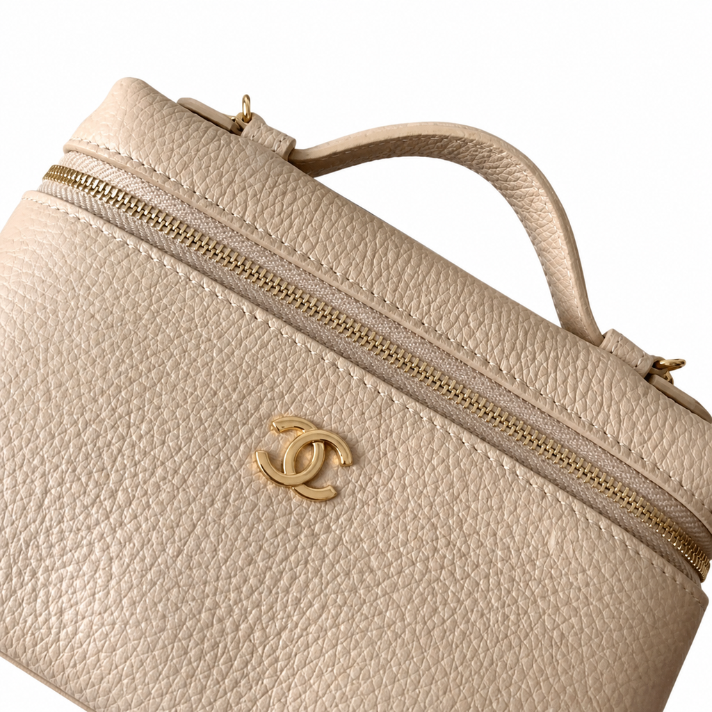 Chanel Cream Pebbled Leather Mini Top Handle Crossbody Bag Gold Chain
