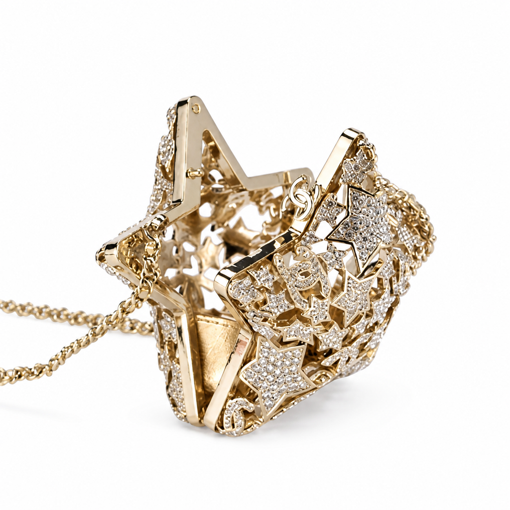 Chanel Gold Crystal Pavé Star Minaudière Evening Bag | CC Filigree | Gold Chain | 13cm