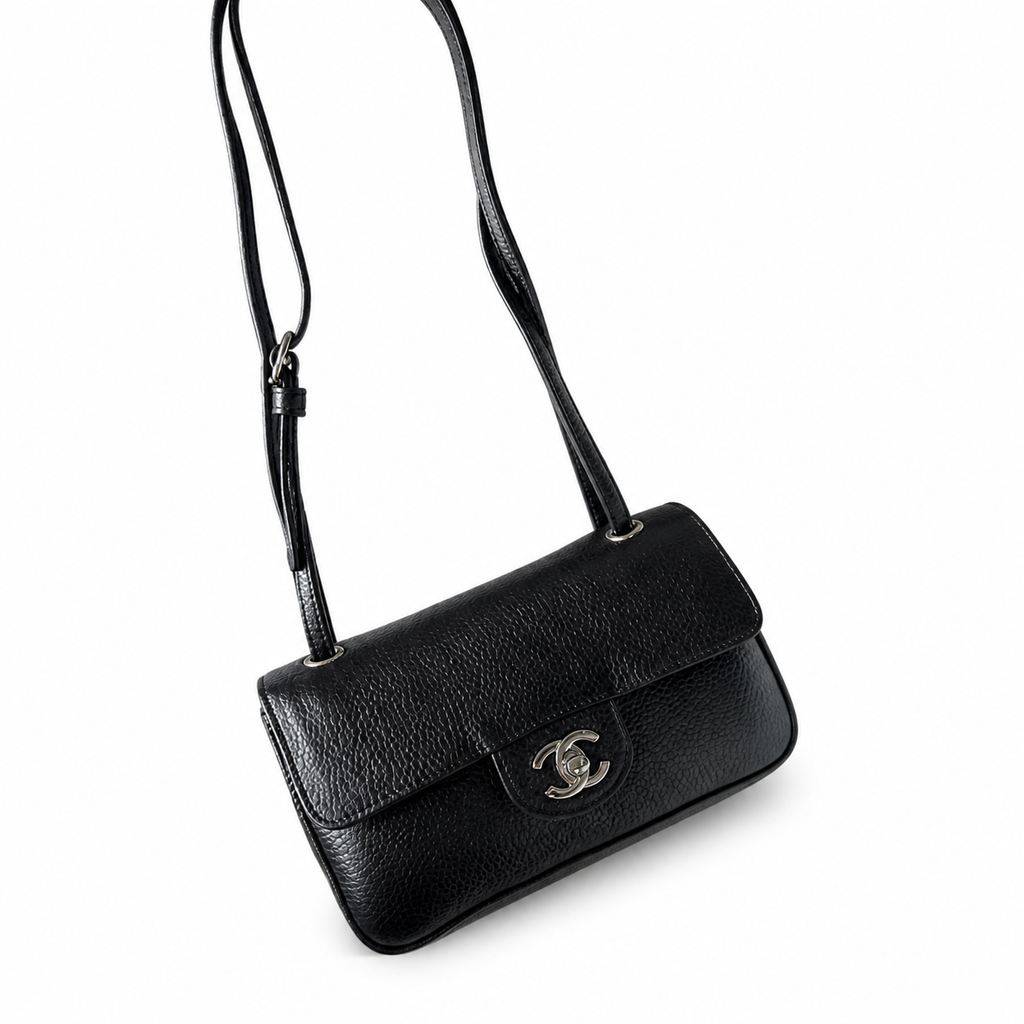 Chanel Black Caviar Leather Mini Flap Bag Silver CC Dual Loop Handles