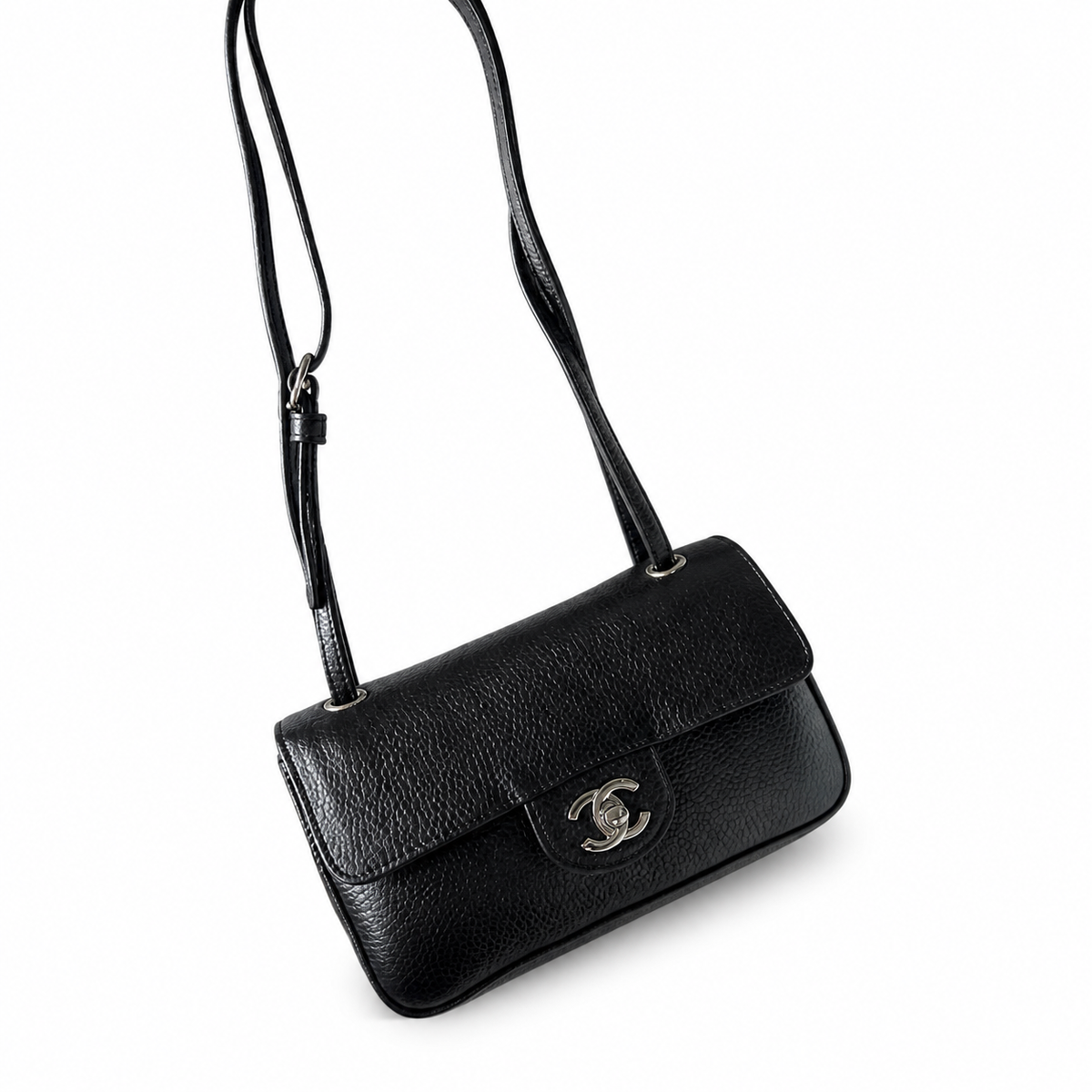 Chanel Black Caviar Leather Mini Flap Bag Silver CC Dual Loop Handles