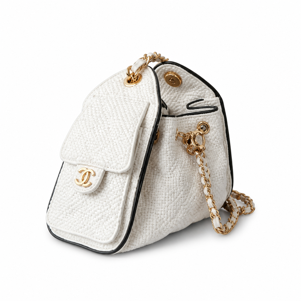 Chanel White Quilted Tweed Classic Flap Bag with Gold Chain