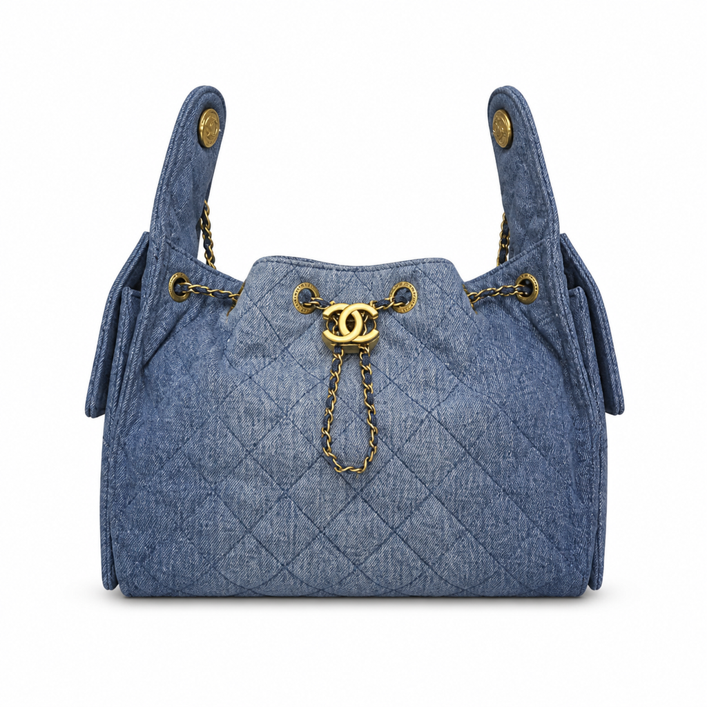 CHANEL Drawstring Bucket Bag – Blue Quilted Denim Gold Hardware CC Chain 26×13.5×30cm