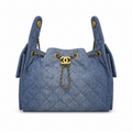 CHANEL Drawstring Bucket Bag – Blue Quilted Denim Gold Hardware CC Chain 26×13.5×30cm