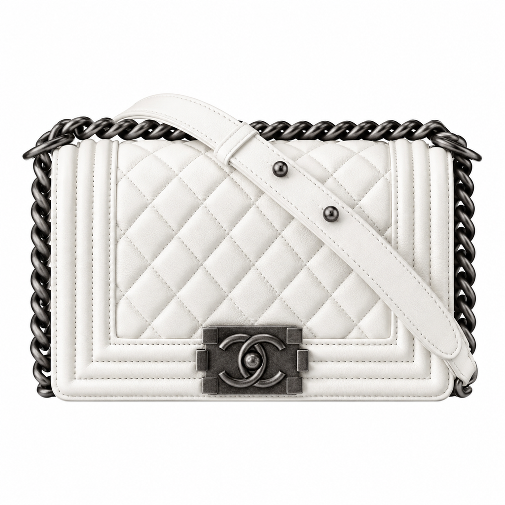 Chanel Boy Bag Small White Smooth Lambskin Ruthenium Silver Chain CC Push-Lock 20cm