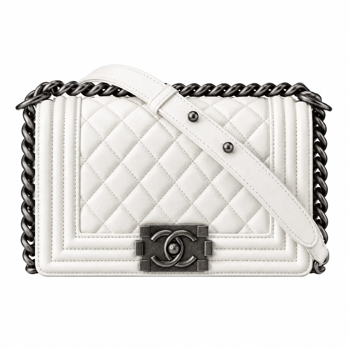 Chanel Boy Bag Small White Smooth Lambskin Ruthenium Silver Chain CC Push-Lock 20cm