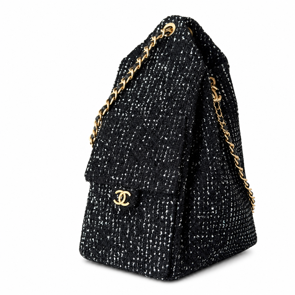 Chanel Black Sequin Tweed Large Drawstring Tote Bag with Pouch