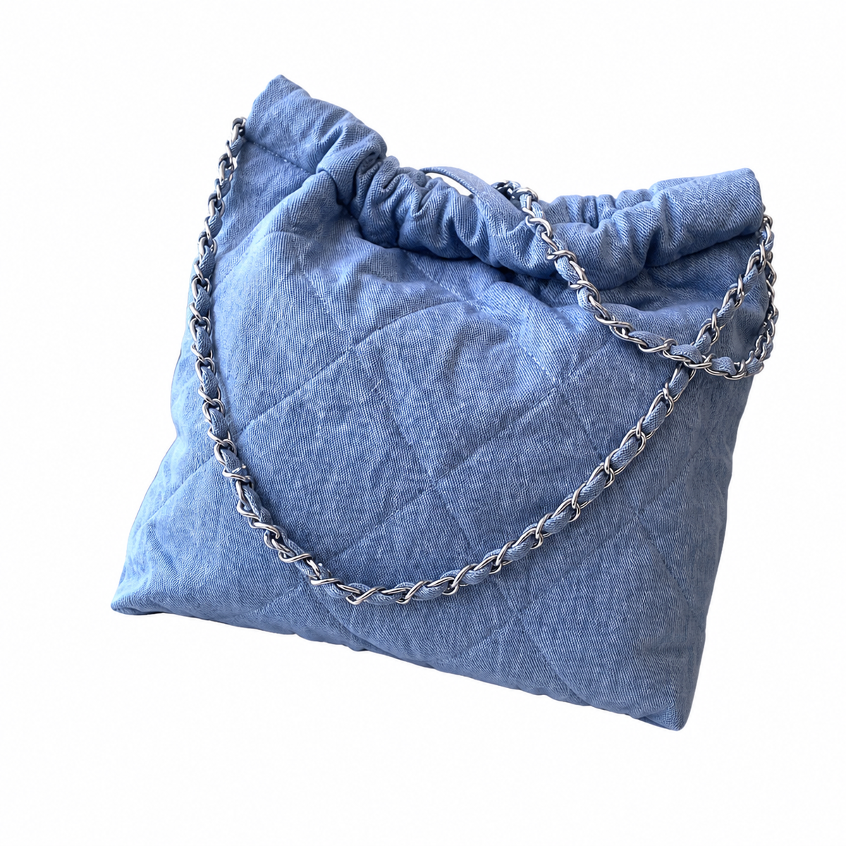 Chanel Quilted Denim Hobo Bag Blue Silver CHANEL Logo Large 35cm