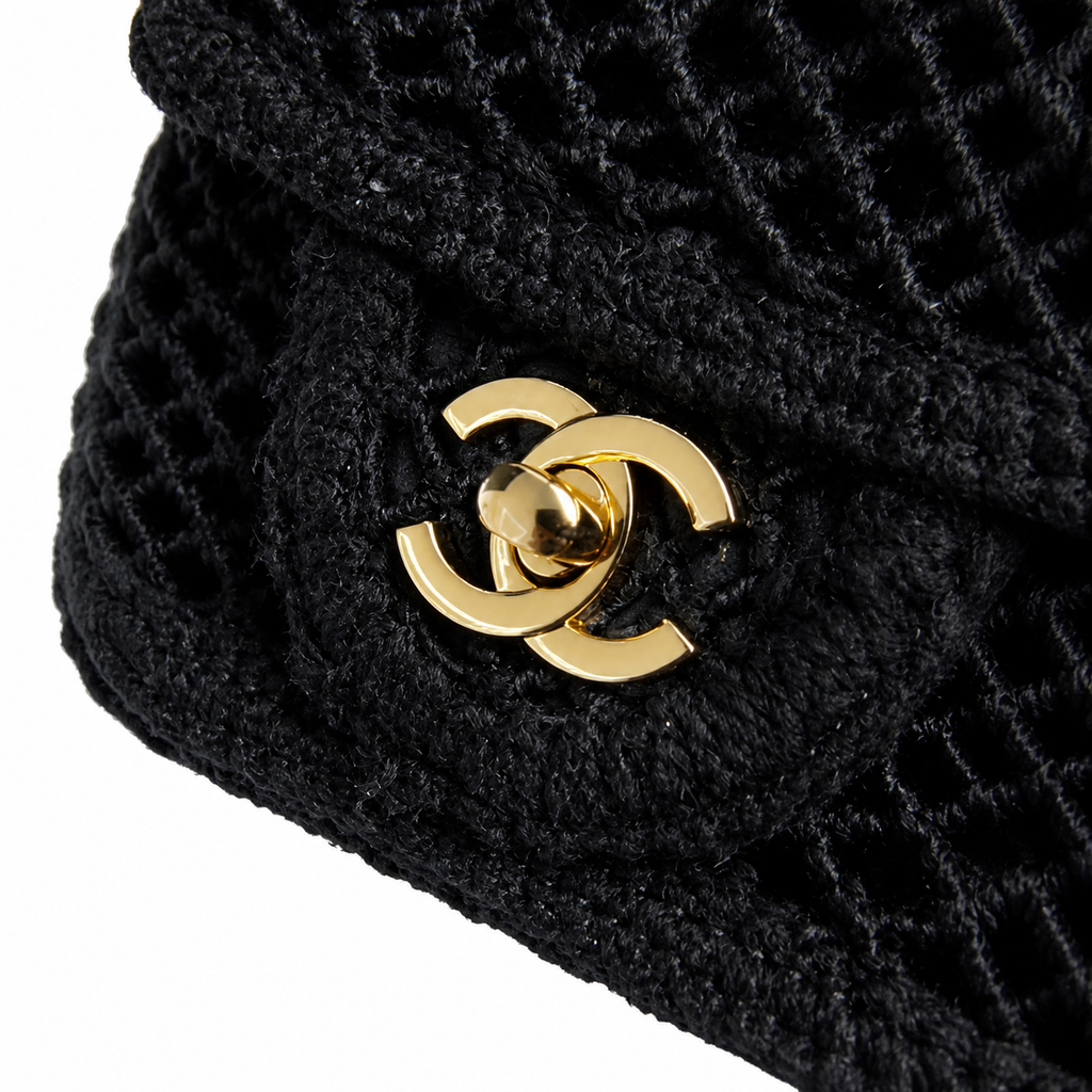 CHANEL Black Crochet Woven Flap Bag Gold Marine Charm Embellishments