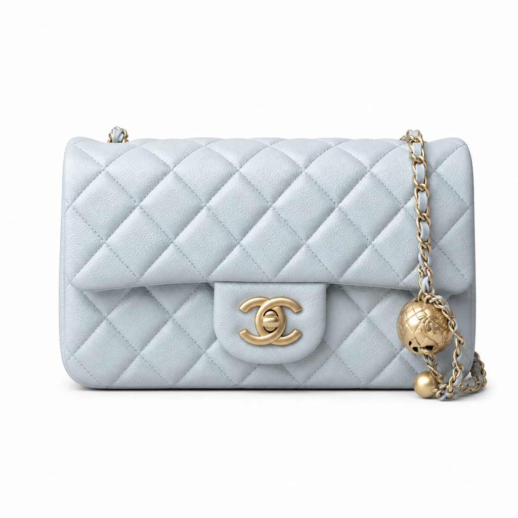 Chanel Classic Mini Flap Bag Ice Blue Quilted Lambskin Gold CC Turn-Lock Chain 20cm
