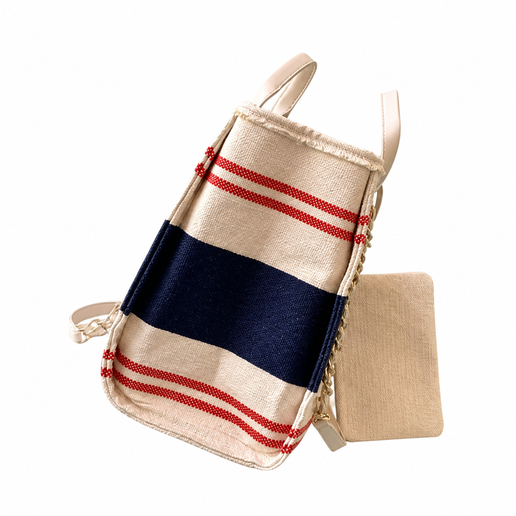 CHANEL Deauville Canvas Shopping Tote – Navy Blue Red Stripe Ivory CHANEL PARIS Gold Hardware 38cm