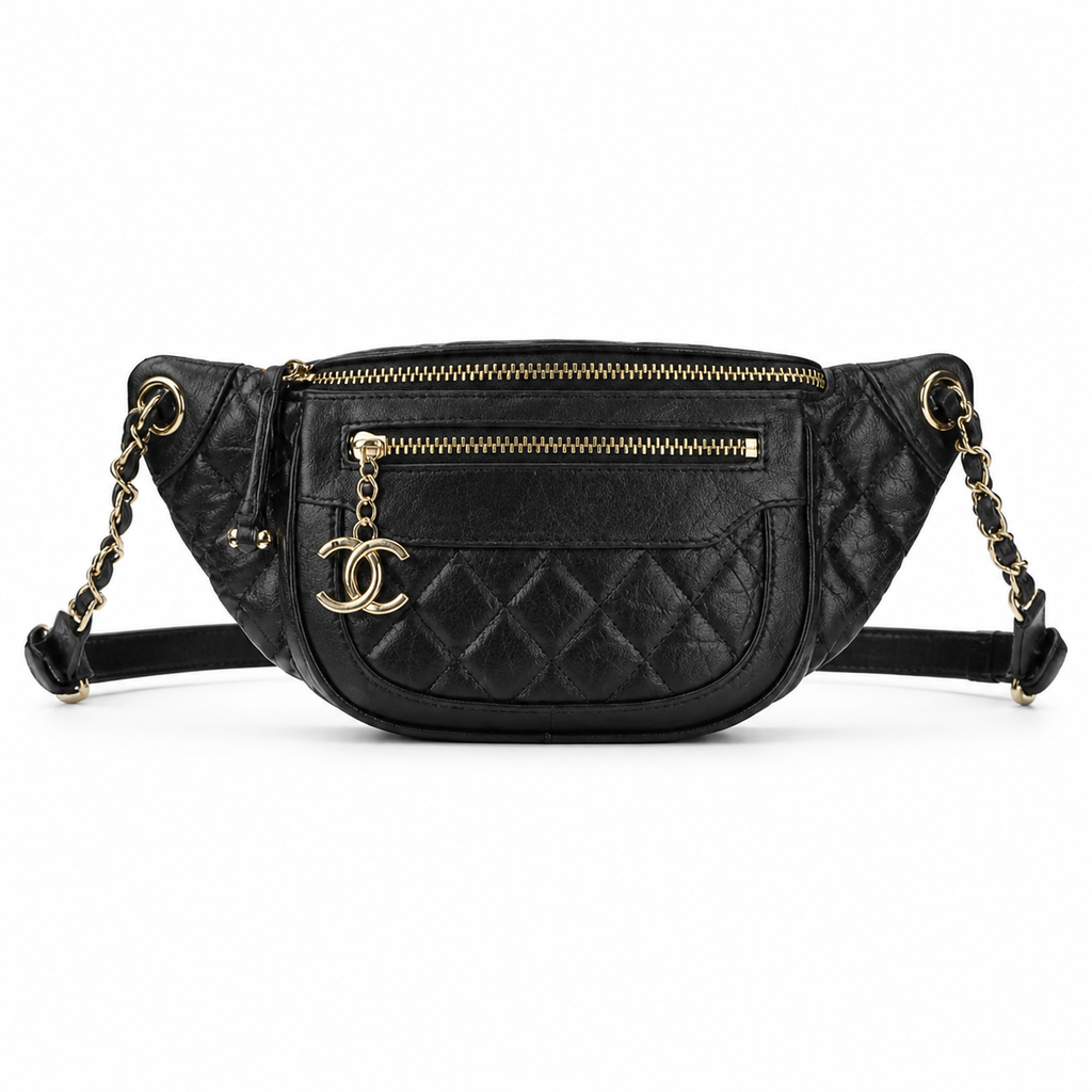 Chanel Vintage Quilted Black Leather Belt Bag Waist Bag CC Charm Double Zip Gold Chain Crossbody 34cm