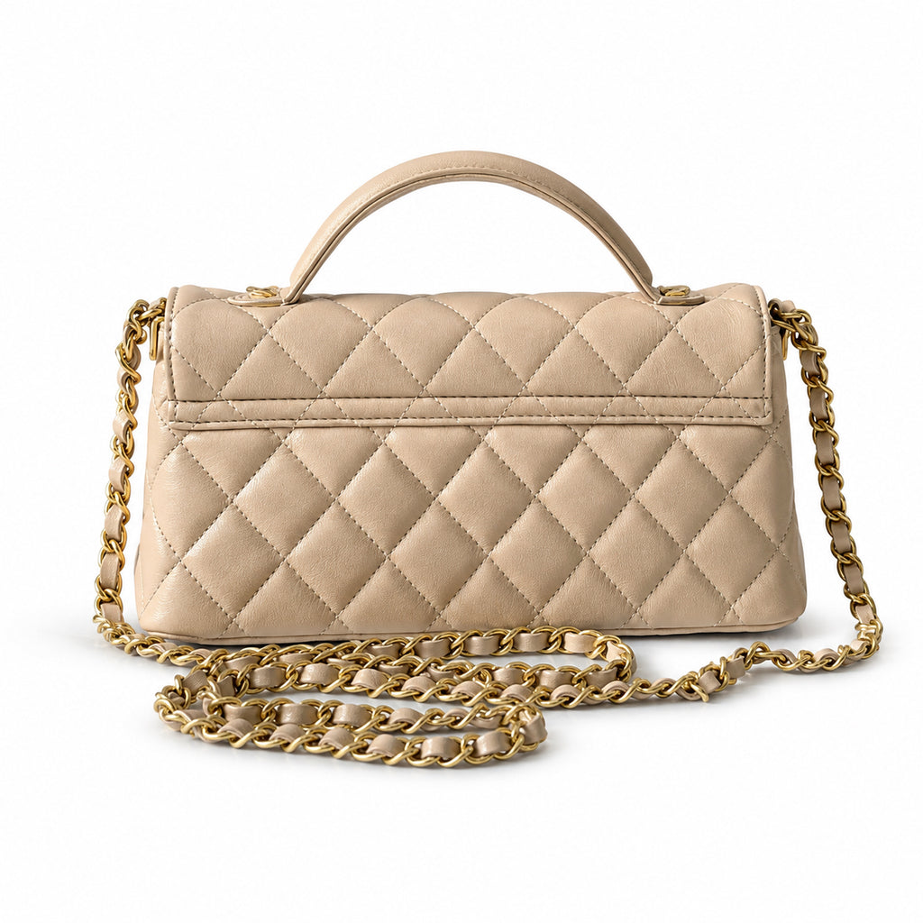 Chanel Classic Flap Bag – Beige Quilted Lambskin, Gold Hardware (12×22×6cm)