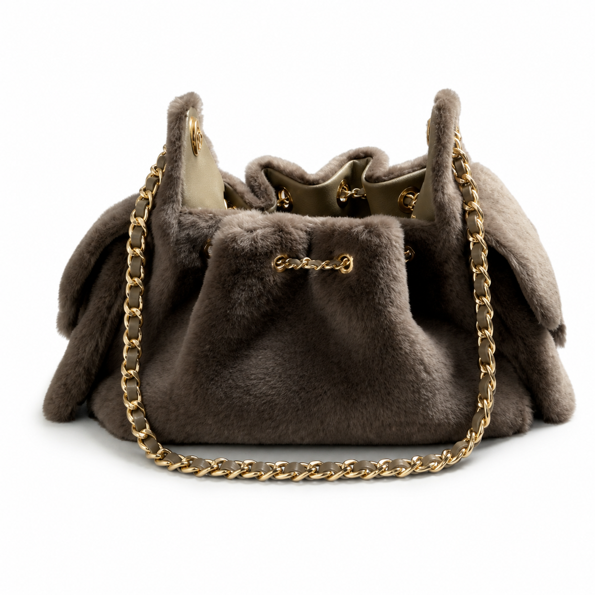 Chanel Taupe Faux Fur Drawstring Bucket Tote Bag Gold CC Chain