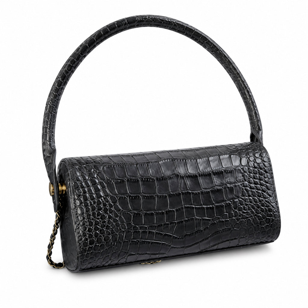 Chanel Navy Croc-Embossed Leather Barrel Crossbody Bag | Gold Magnetic Clasp | 11×23×12.5cm