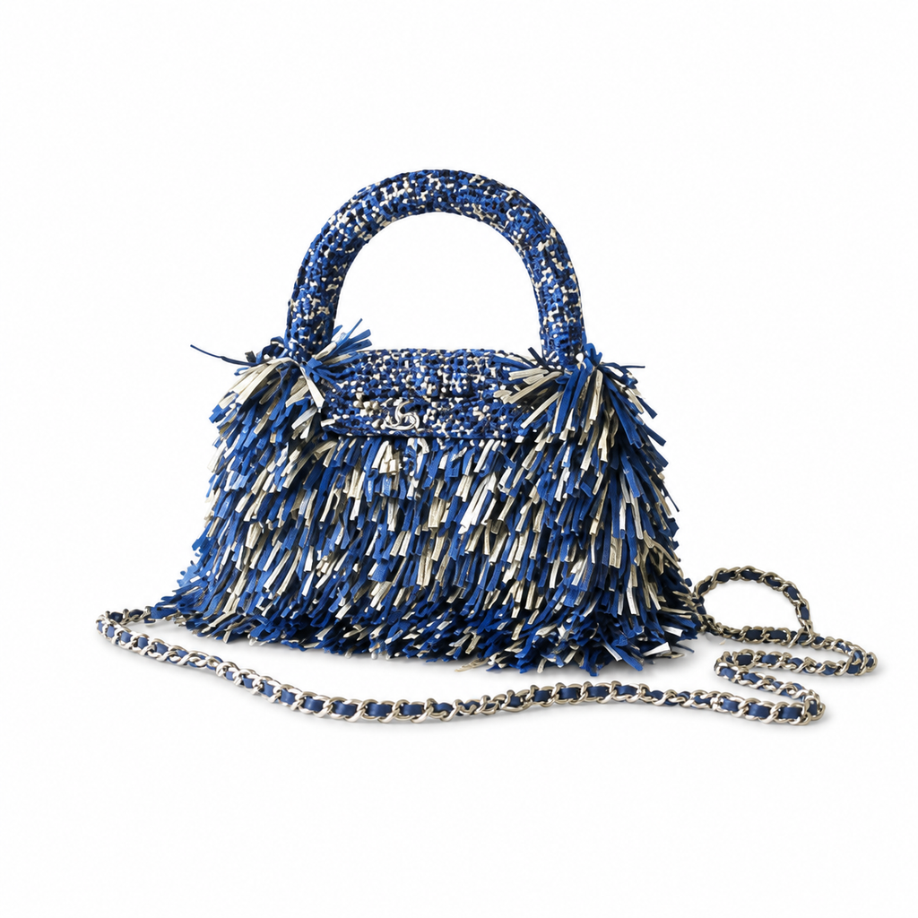 Chanel Electric Blue Leather Woven Fringe Kelly Top Handle Bag Silver CC