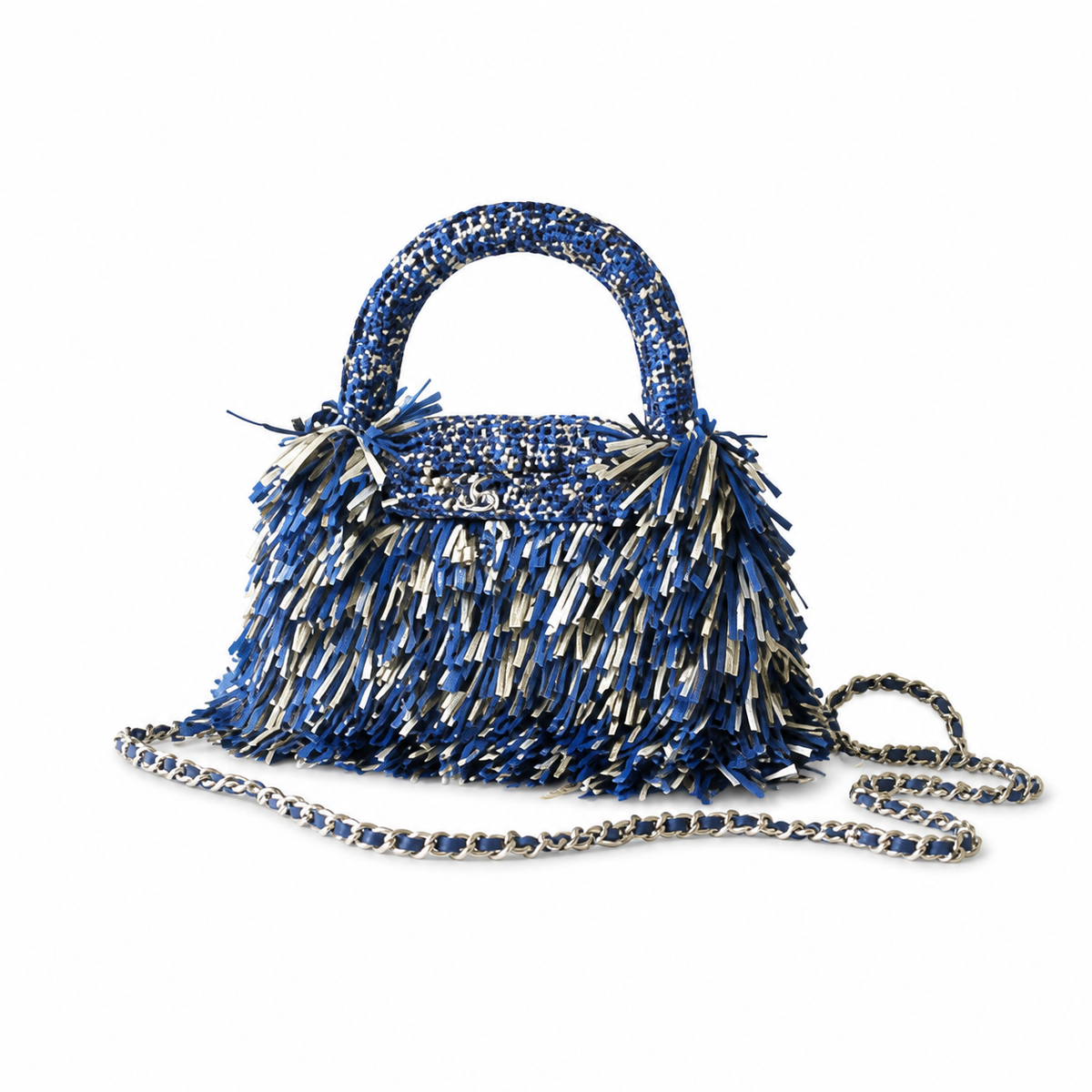 Chanel Electric Blue Leather Woven Fringe Kelly Top Handle Bag Silver CC