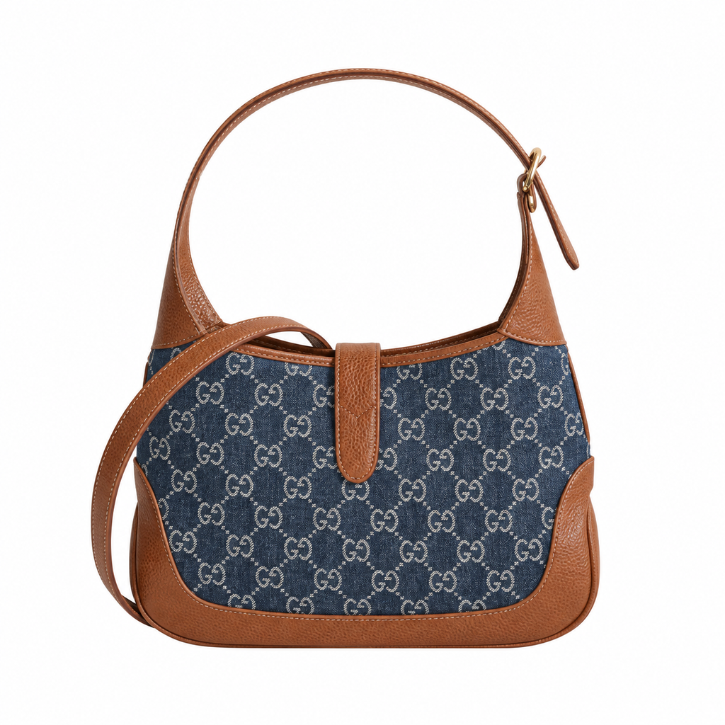 Gucci Jackie 1961 Small Hobo in Blue GG Denim Canvas with Cognac Trim