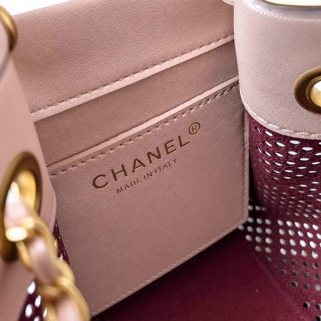 Chanel Pink Perforated Leather Drawstring Bucket Bag Gold Chain