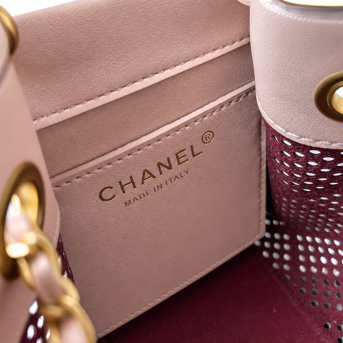 Chanel Pink Perforated Leather Drawstring Bucket Bag Gold Chain