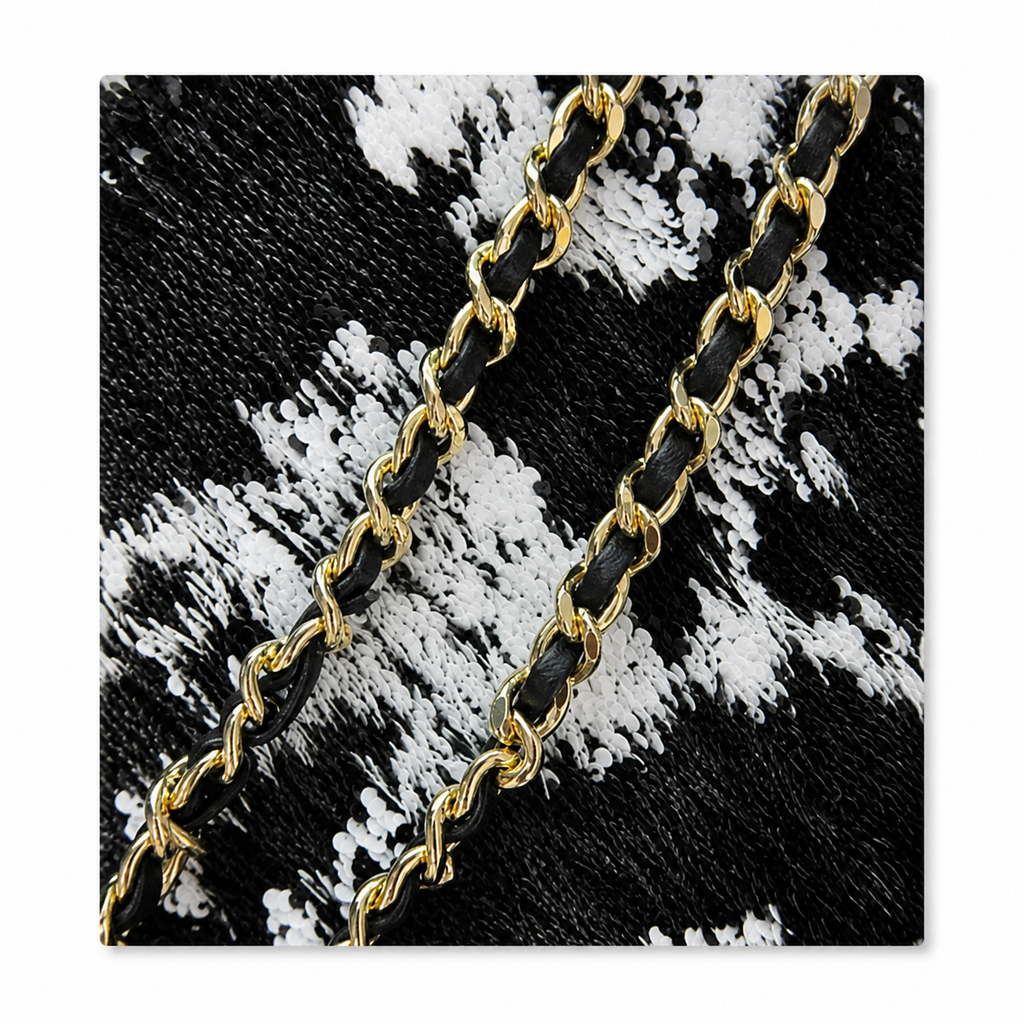 Chanel Sequin Flap Bag | Black & Silver Floral Sequin Gold Chain Strap | 21cm