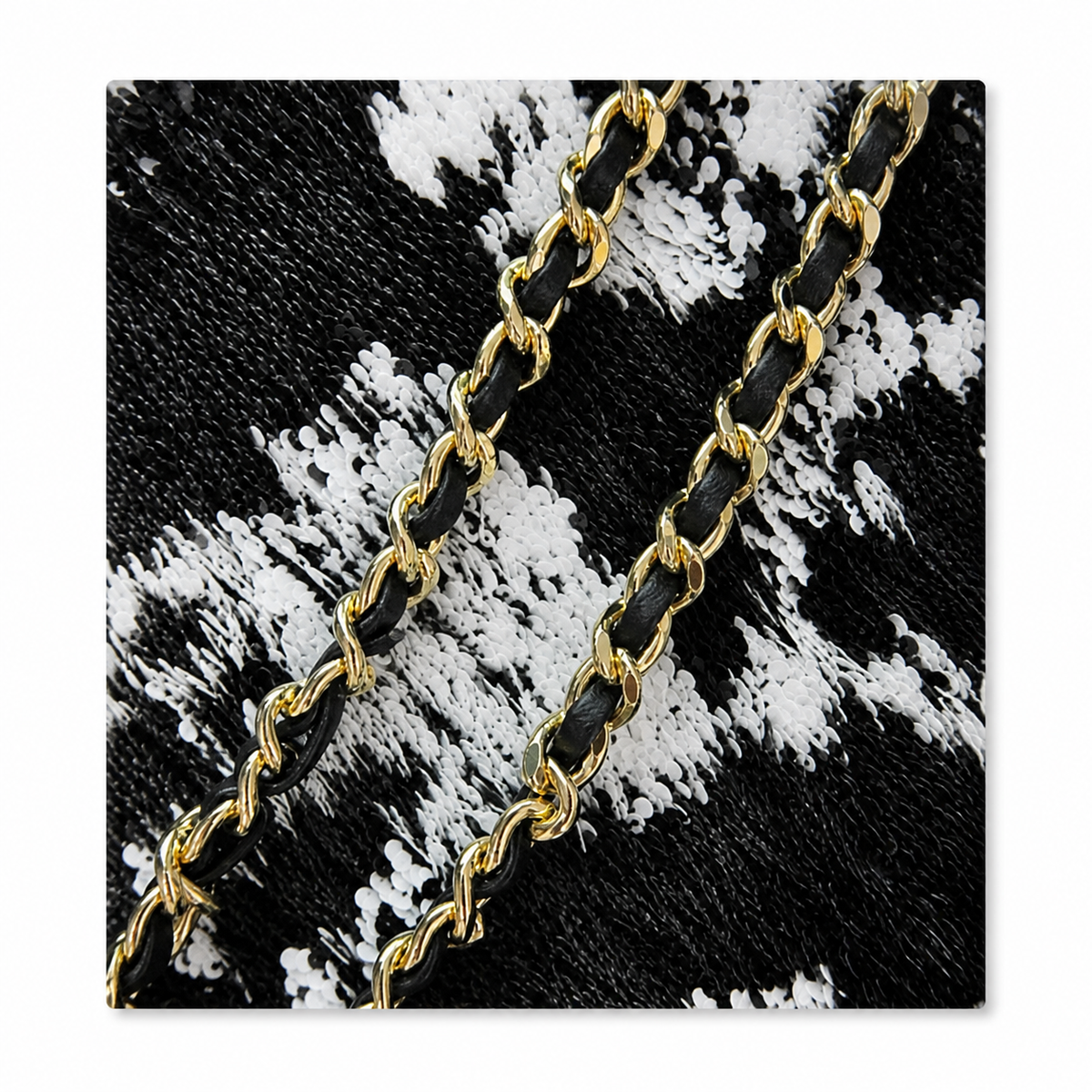 Chanel Sequin Flap Bag | Black & Silver Floral Sequin Gold Chain Strap | 21cm