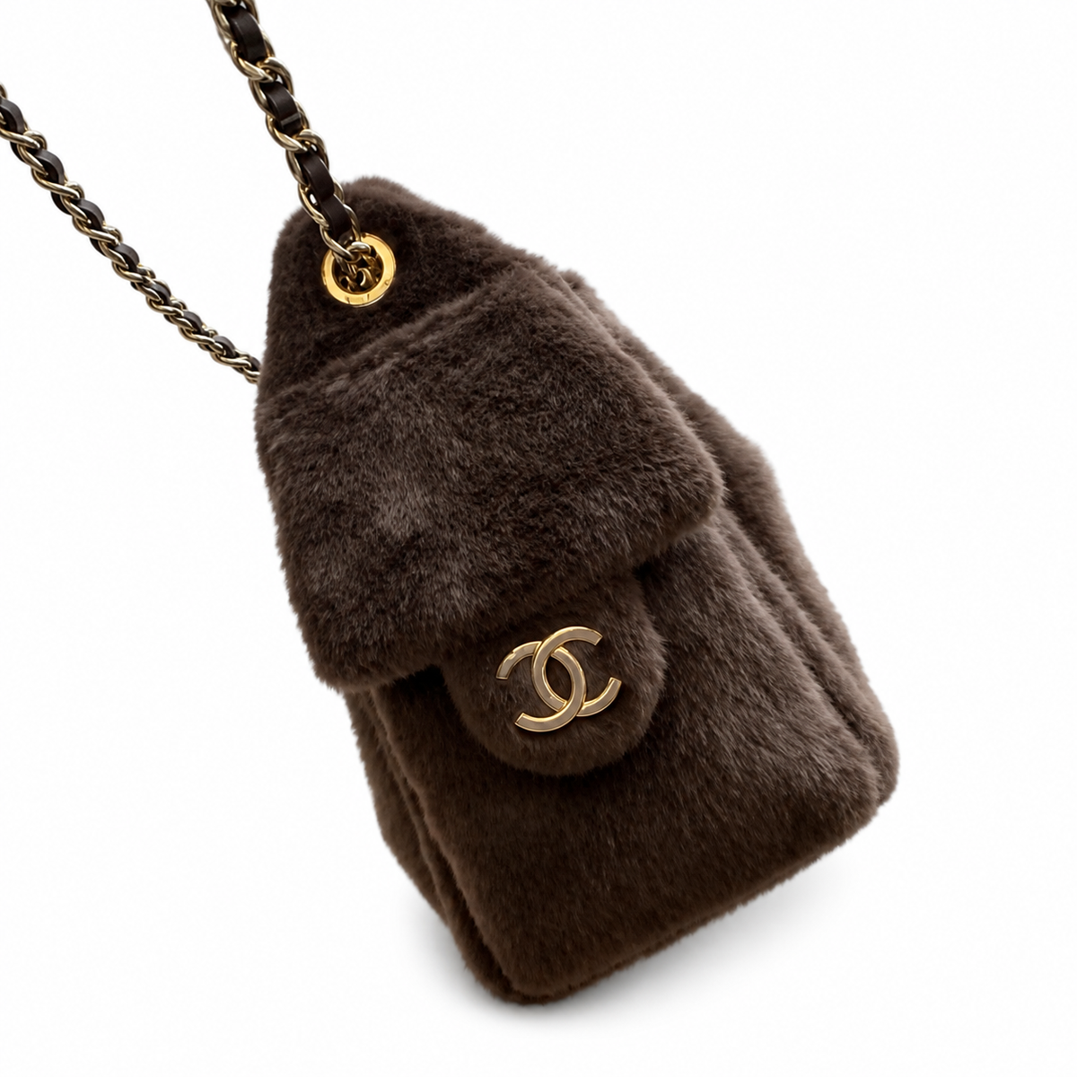 Chanel Brown Faux Fur Drawstring Bucket Bag Gold CC Logo Chain