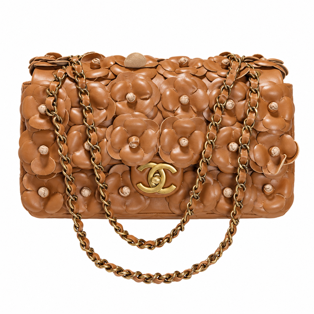 CHANEL Caramel Brown Petal Leather Appliqué Quilted Lambskin Flap Bag