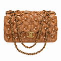CHANEL Caramel Brown Petal Leather Appliqué Quilted Lambskin Flap Bag