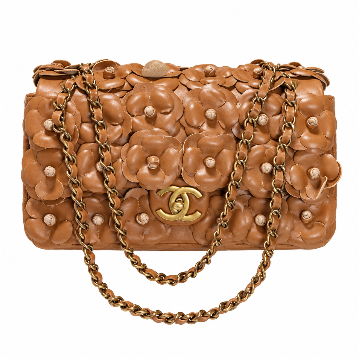 CHANEL Caramel Brown Petal Leather Appliqué Quilted Lambskin Flap Bag
