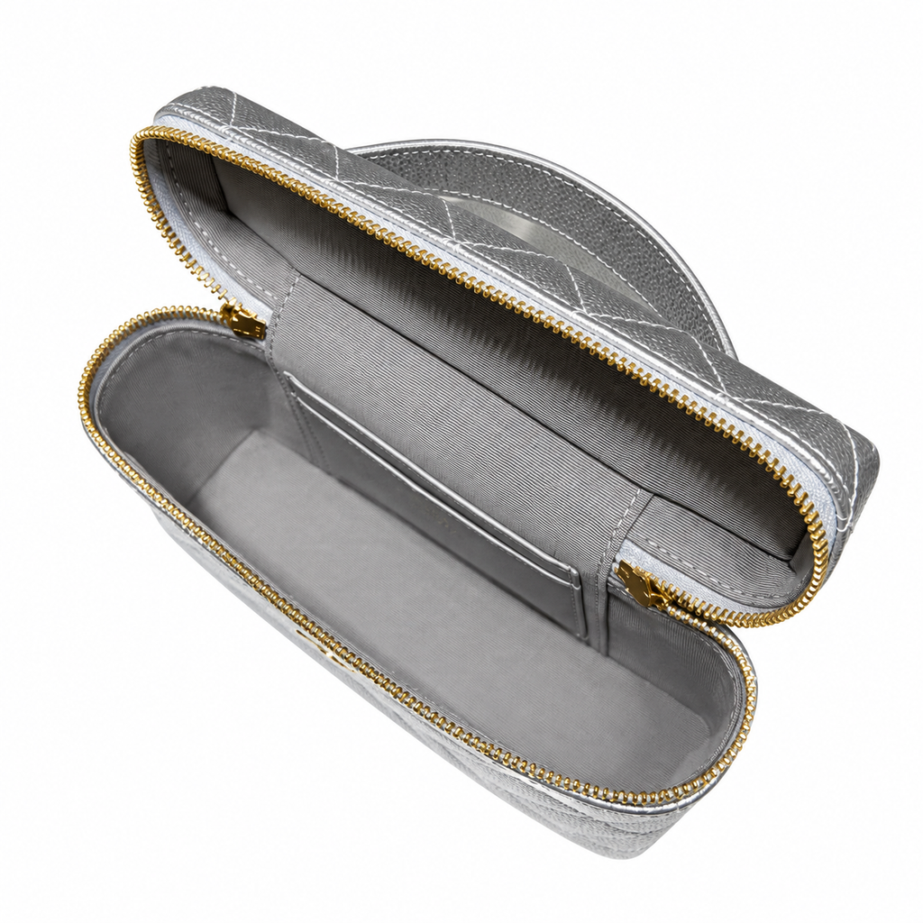 Chanel Quilted Silver Metallic Vanity Case Bag Pearl Chain 19.5cm