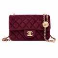 Chanel Pearl Crush Mini Square Flap Bag Burgundy Velvet Crystal Pearl Ball Chain 18cm