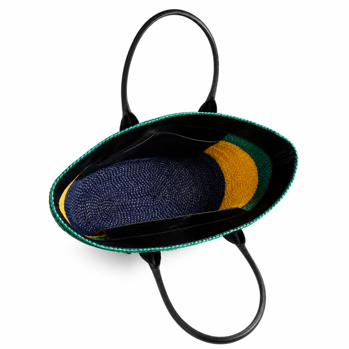 Chanel Beach Tote Bag | Tricolor Woven Raffia Green Yellow Navy CC Logo Black Leather Handles | 58cm