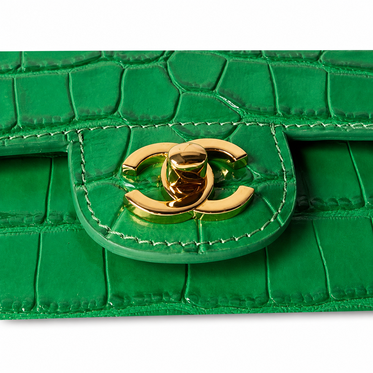 Chanel Flap Bag | Emerald Green Crocodile-Embossed Leather Top Handle & Gold Chain | 19.6cm
