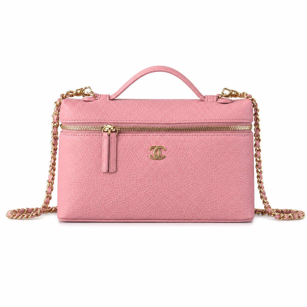 Chanel Pink Caviar Leather Vanity Case Crossbody Bag | Gold CC | Top Handle | 15×23×5cm