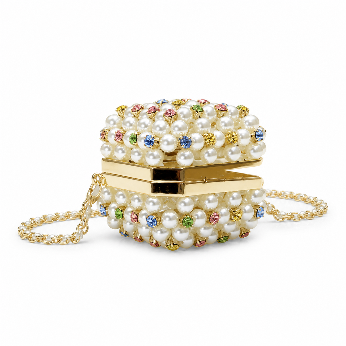 CHANEL Pearl Crystal Minaudiere Evening Bag Gold Chain CC Logo