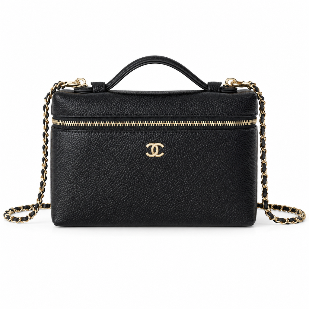 Chanel Black Pebbled Leather Mini Top Handle Zip Bag Gold Chain Crossbody