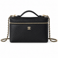 Chanel Black Pebbled Leather Mini Top Handle Zip Bag Gold Chain Crossbody